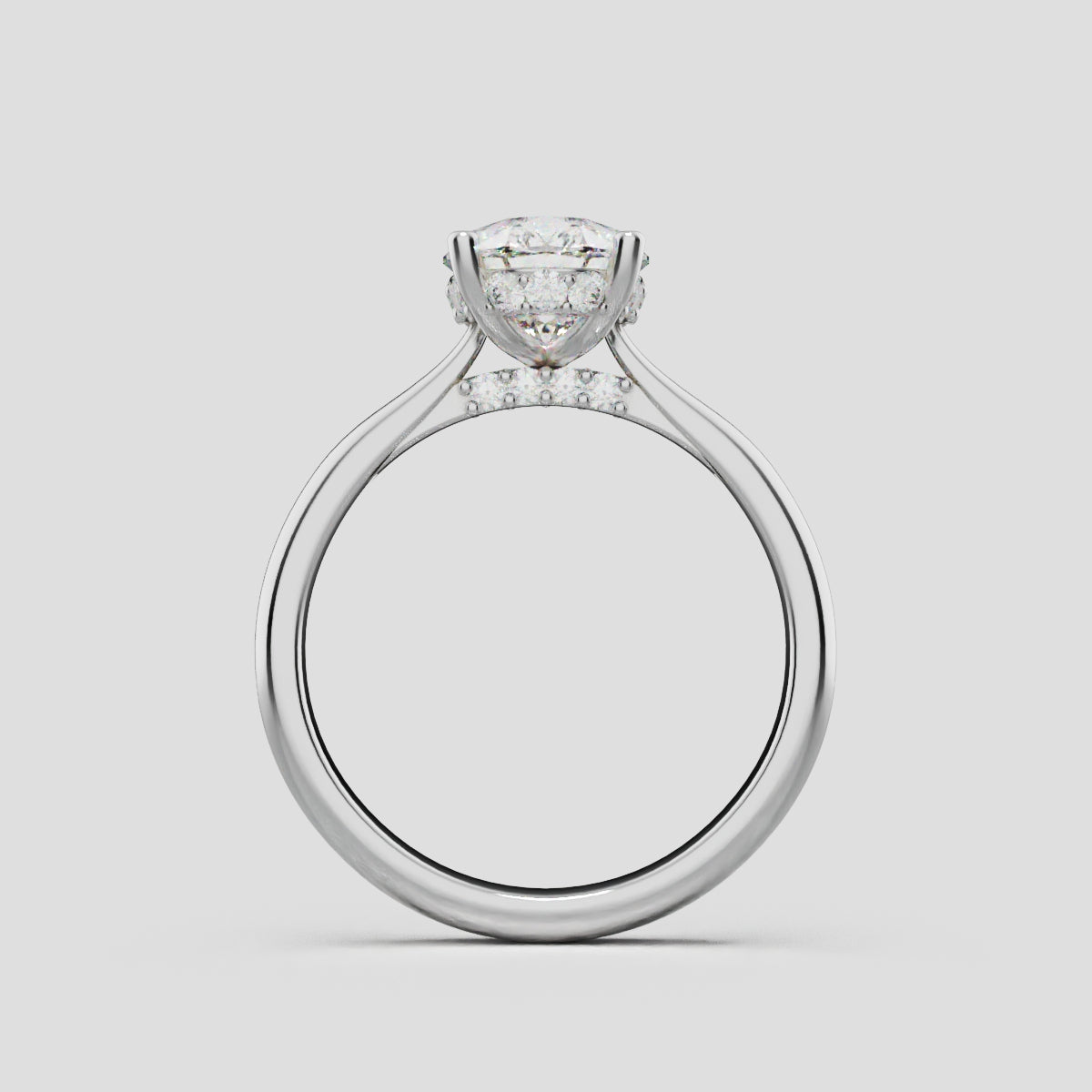 Campanile, 1.5ct pear lab grown diamond engagement ring, Cathedral Hidden Halo Bridge, 18K white gold - through finger