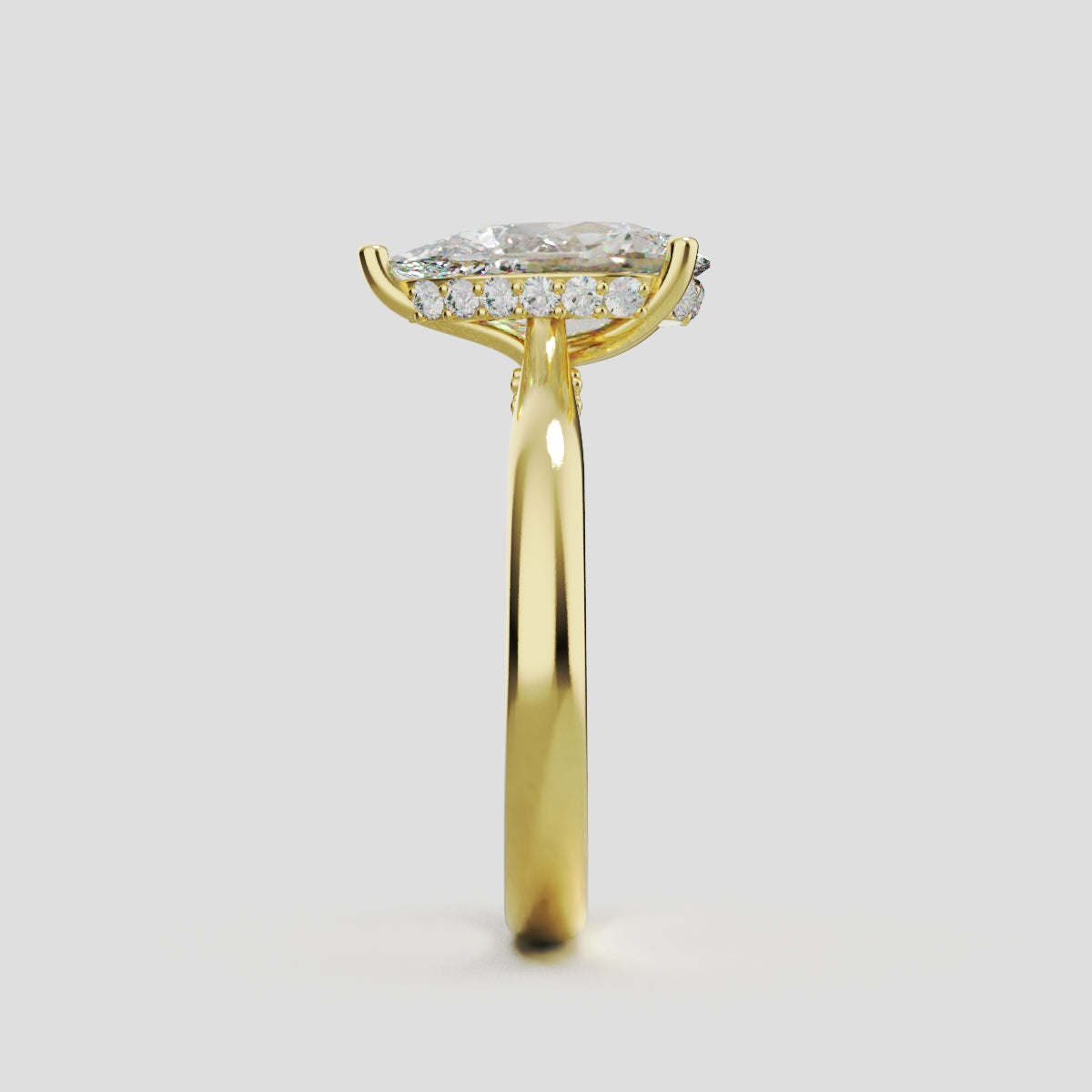 Campanile, 1.5ct pear lab grown diamond engagement ring, Cathedral Hidden Halo Bridge, 18K yellow gold - side view