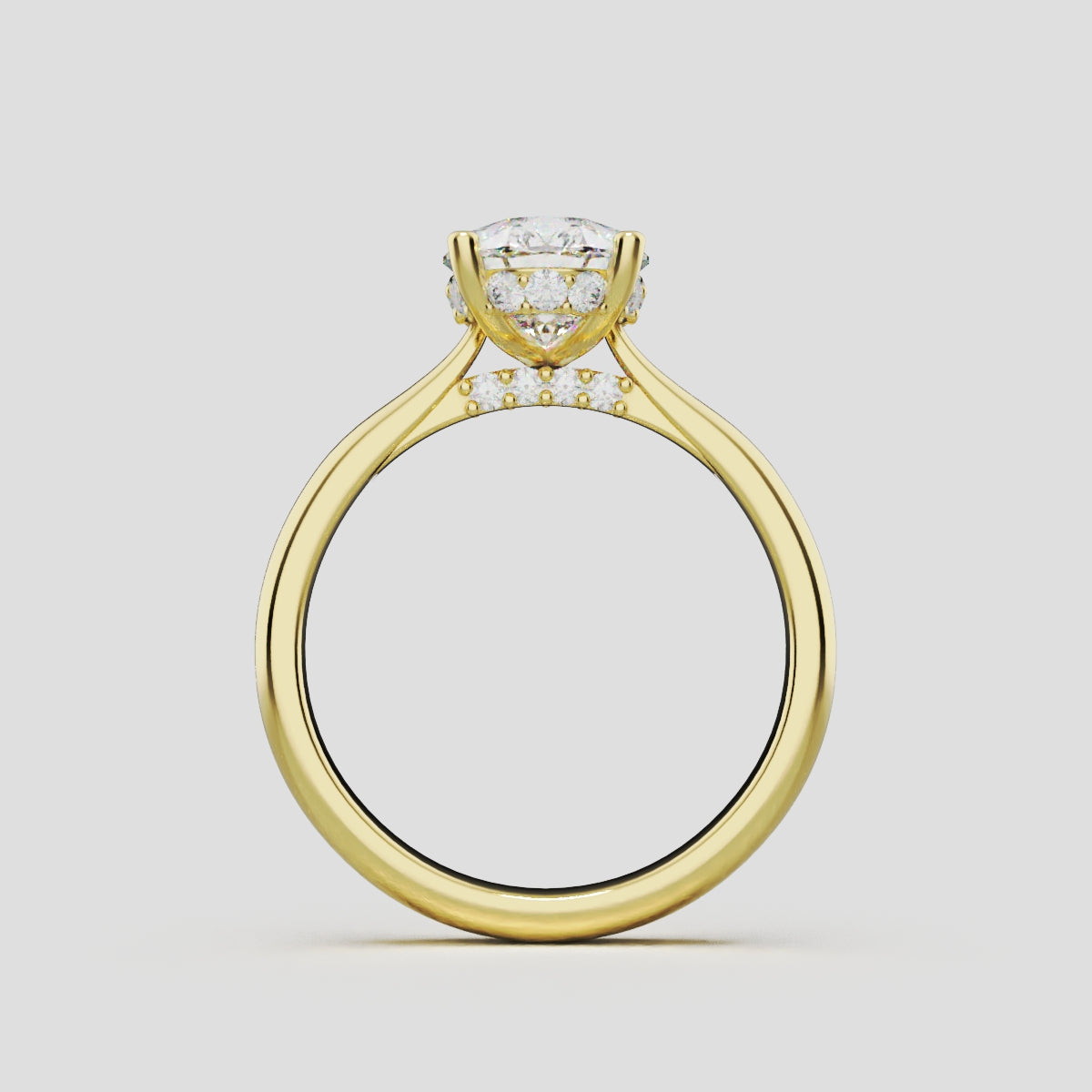 Campanile, 1.5ct pear lab grown diamond engagement ring, Cathedral Hidden Halo Bridge, 18K yellow gold - through finger