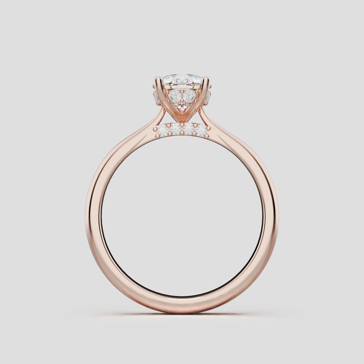 Campanile, 1ct pear lab grown diamond engagement ring, Cathedral Hidden Halo Bridge, 18K rose gold - through finger