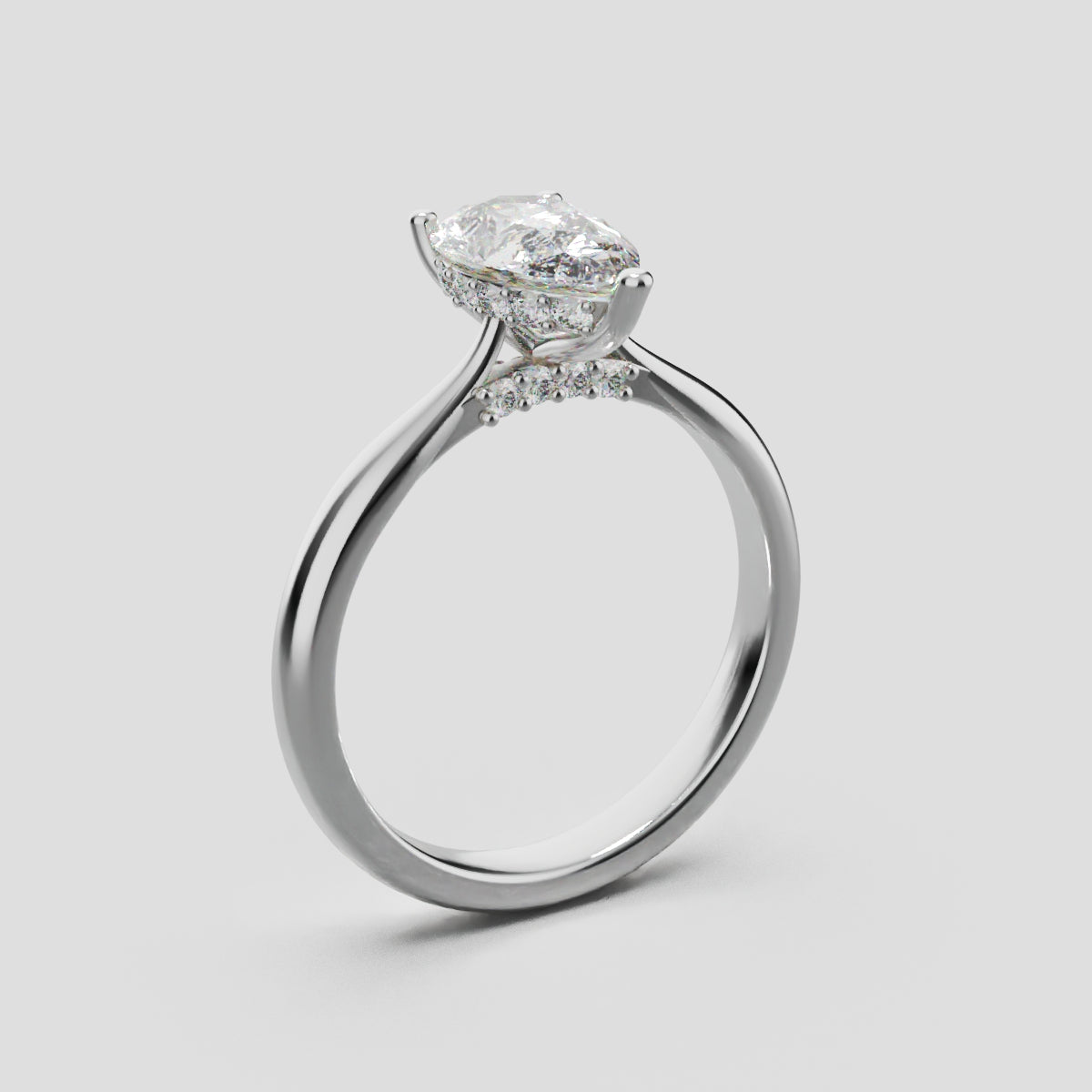 Campanile, 1ct pear lab grown diamond engagement ring, Cathedral Hidden Halo Bridge, 18K white gold - ne