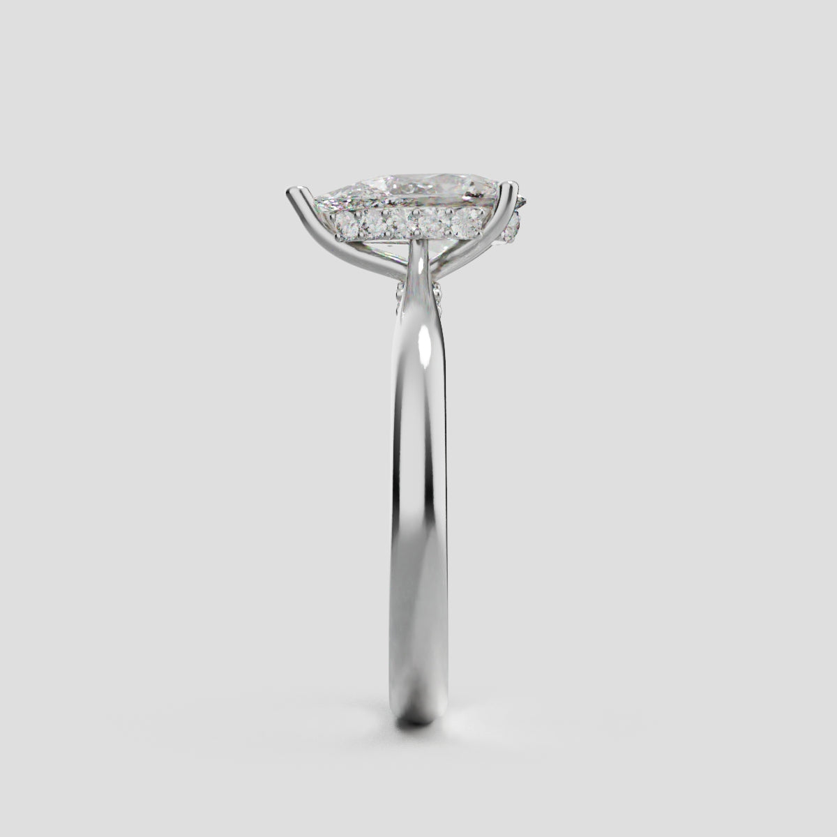 Campanile, 1ct pear lab grown diamond engagement ring, Cathedral Hidden Halo Bridge, 18K white gold - side view