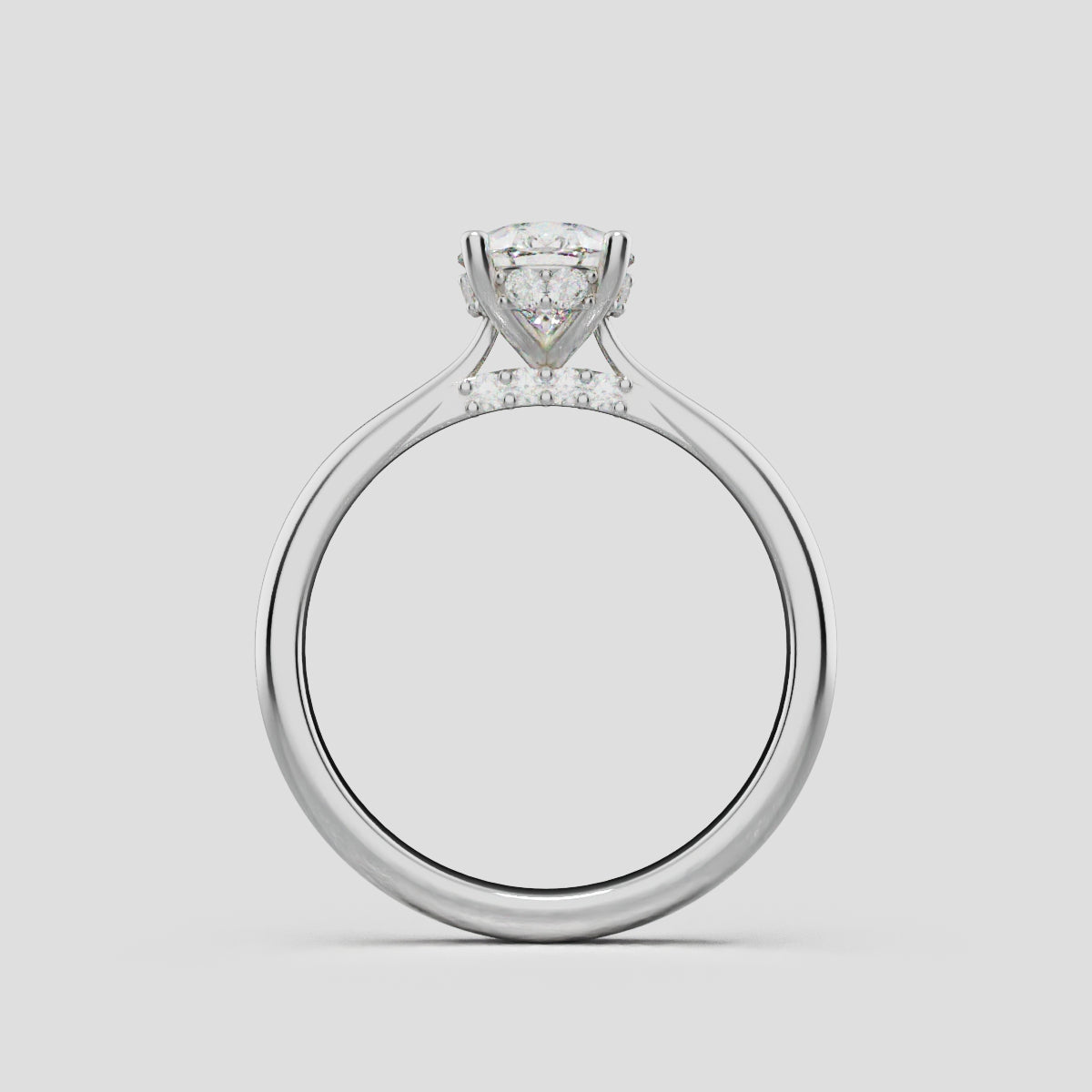 Campanile, 1ct pear lab grown diamond engagement ring, Cathedral Hidden Halo Bridge, 18K white gold - through finger
