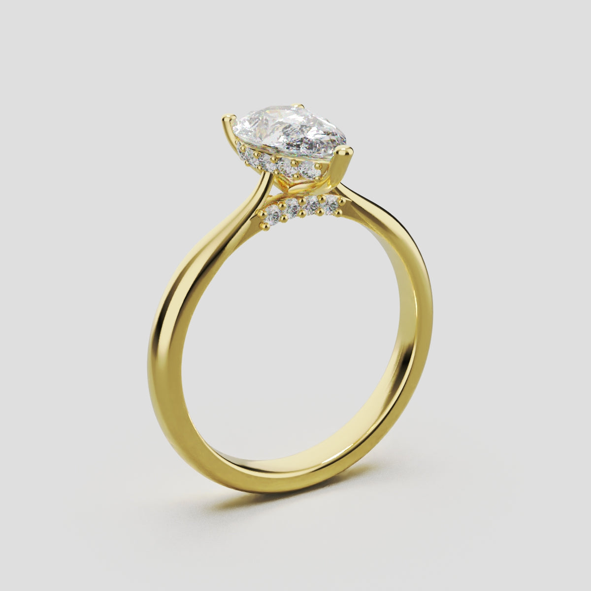 Campanile, 1ct pear lab grown diamond engagement ring, Cathedral Hidden Halo Bridge, 18K yellow gold - ne