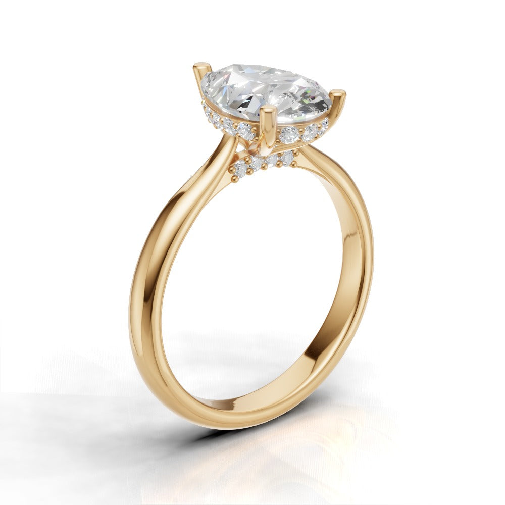 Campanile, 2ct pear lab grown diamond engagement ring, Cathedral Hidden Halo Bridge, 18K yellow gold - ne