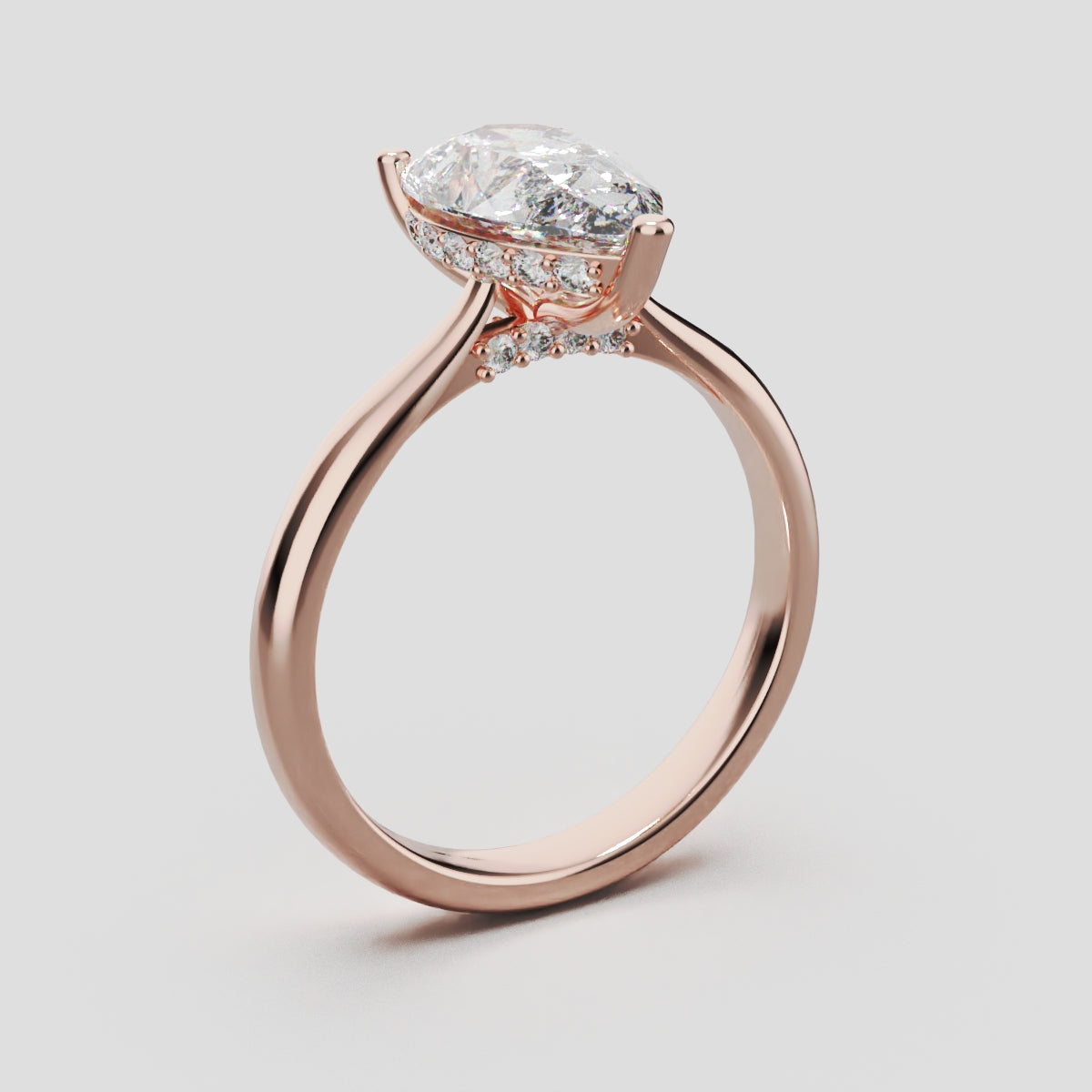 Campanile, 2ct pear lab grown diamond engagement ring, Cathedral Hidden Halo Bridge, 18K rose gold - ne