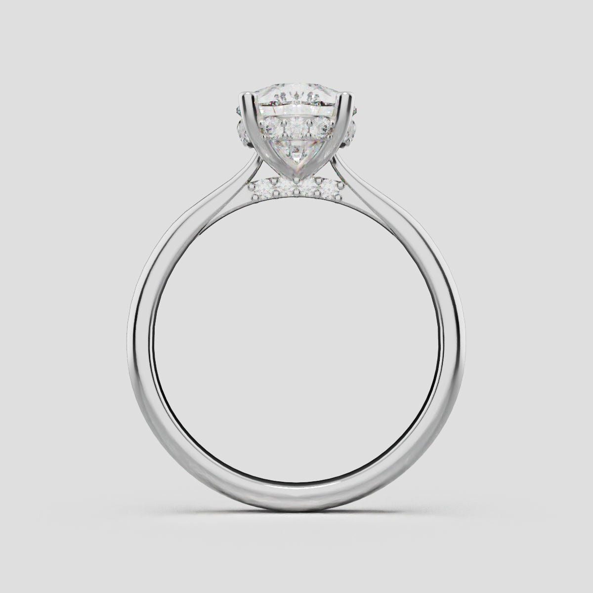 Campanile, 2ct pear lab grown diamond engagement ring, Cathedral Hidden Halo Bridge, 18K white gold - through finger
