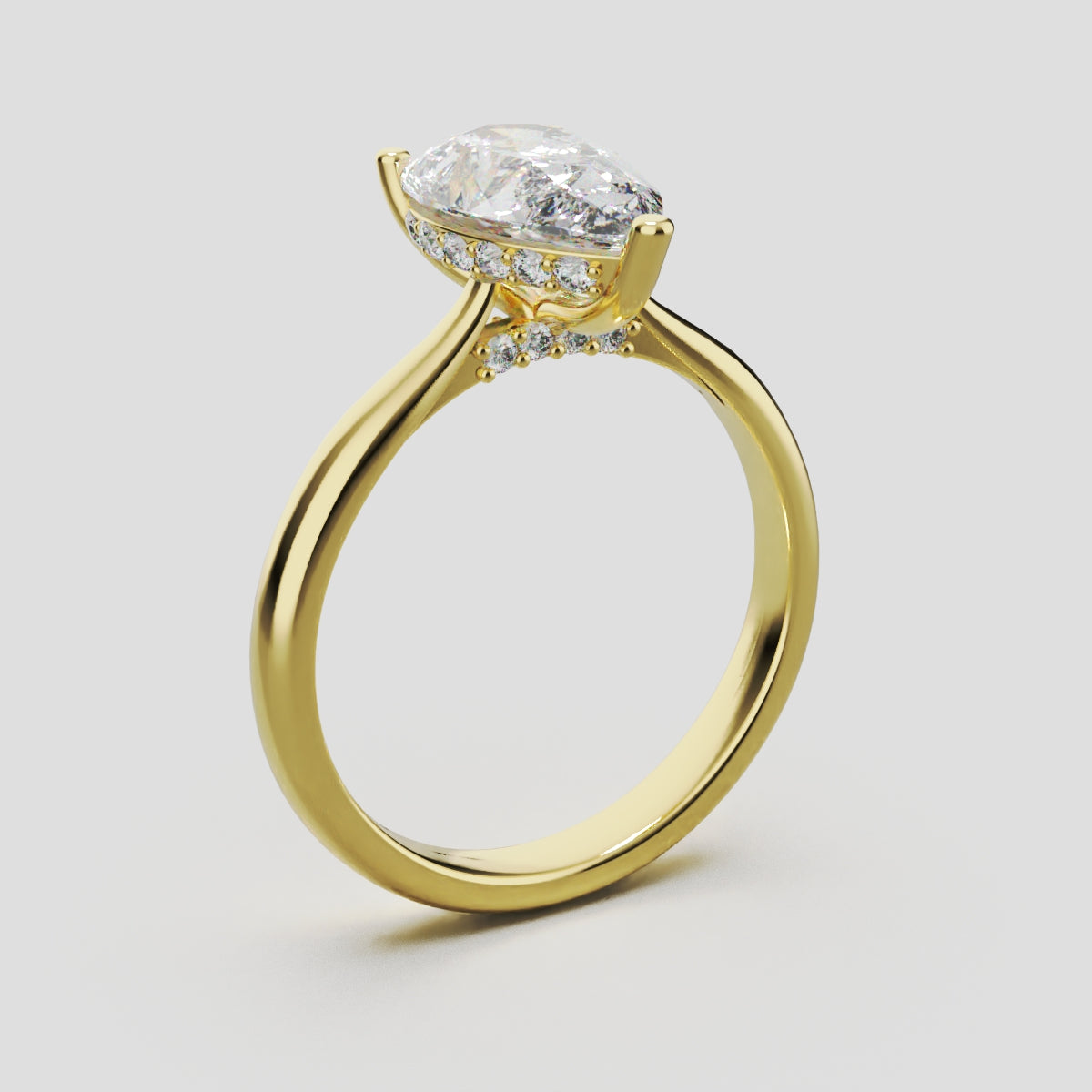 Campanile, 2ct pear lab grown diamond engagement ring, Cathedral Hidden Halo Bridge, 18K yellow gold - ne