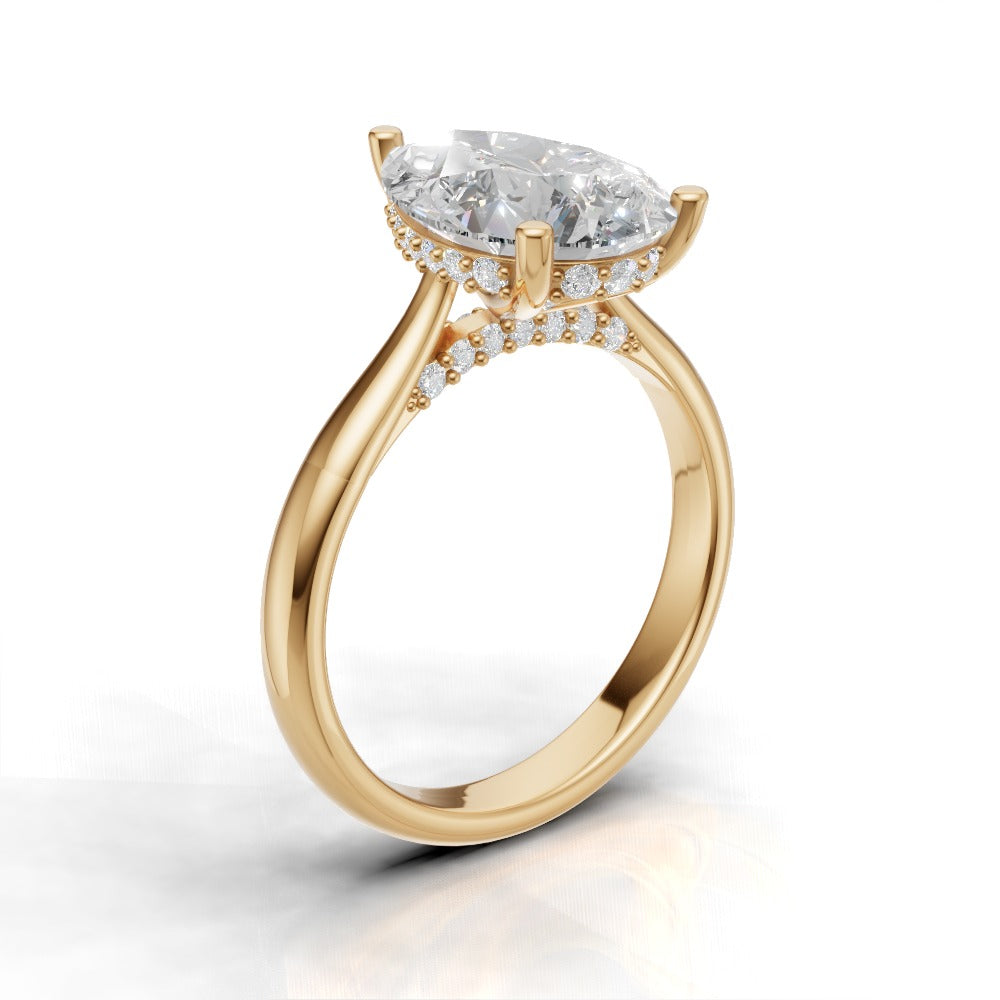 Campanile, 3ct pear lab grown diamond engagement ring, Cathedral Hidden Halo Bridge, 18K yellow gold - ne
