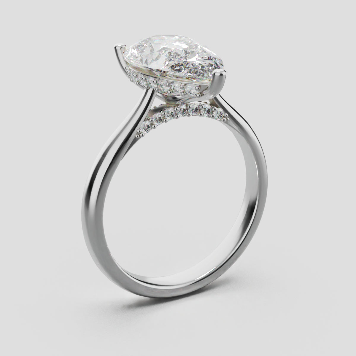 Campanile, 3ct pear lab grown diamond engagement ring, Cathedral Hidden Halo Bridge, 18K white gold - ne