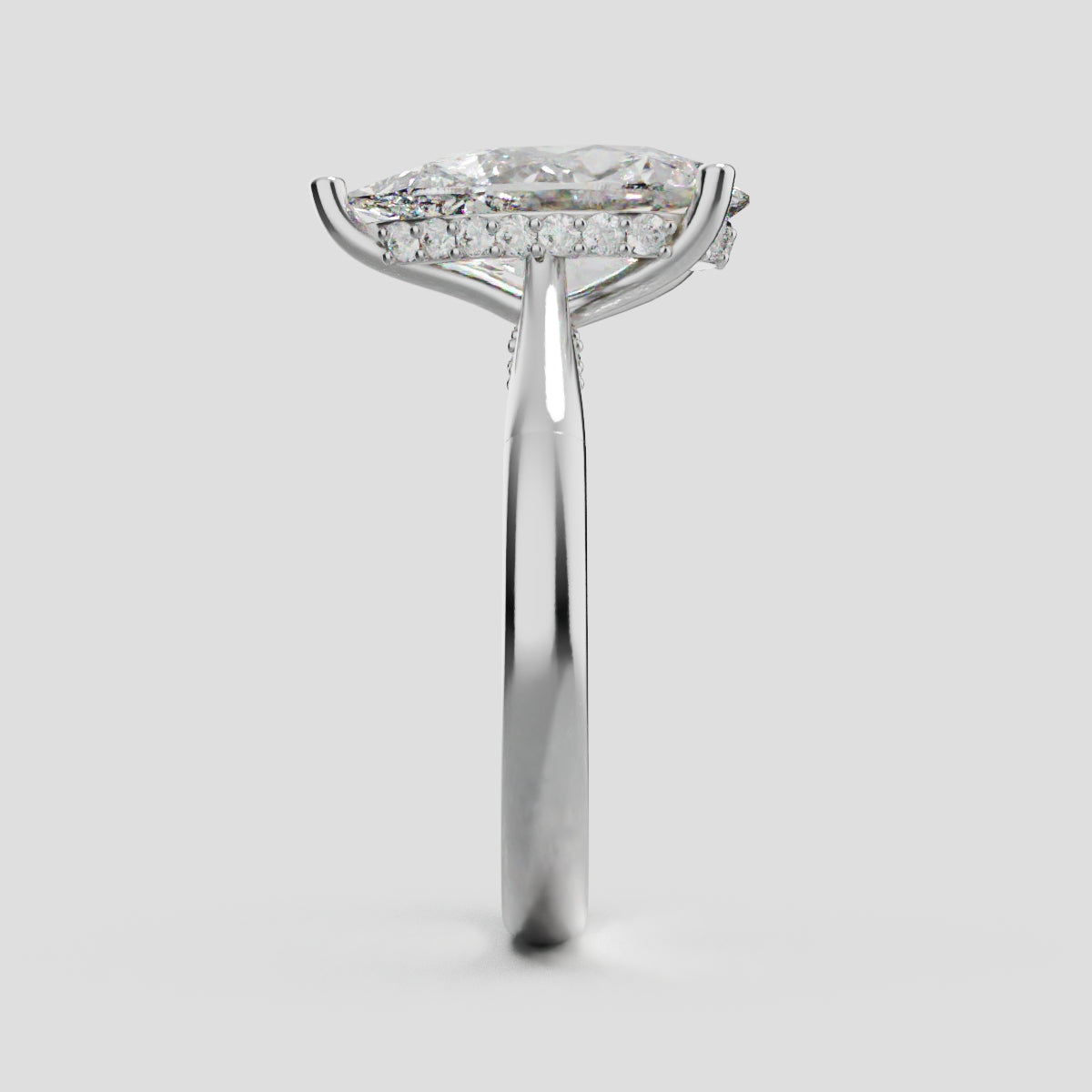 Campanile, 3ct pear lab grown diamond engagement ring, Cathedral Hidden Halo Bridge, 18K white gold - side view