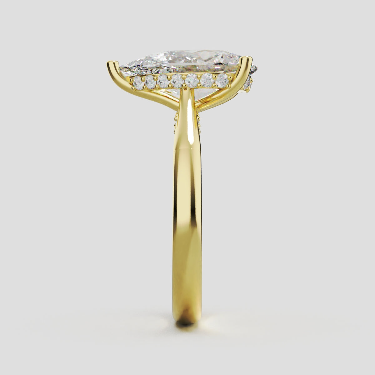 Campanile, 3ct pear lab grown diamond engagement ring, Cathedral Hidden Halo Bridge, 18K yellow gold - side view