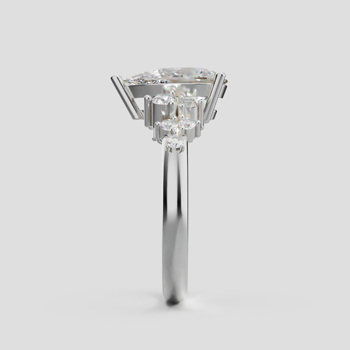Nido, 1.5ct pear lab grown diamond engagement ring, Cluster, 18K white gold - side view