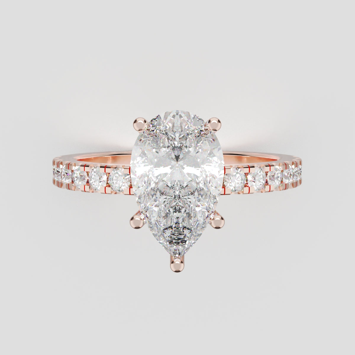 Brezza, 1.5ct pear lab grown diamond engagement ring, 1.8mm Pave, 5 Prongs, 18K rose gold - front view