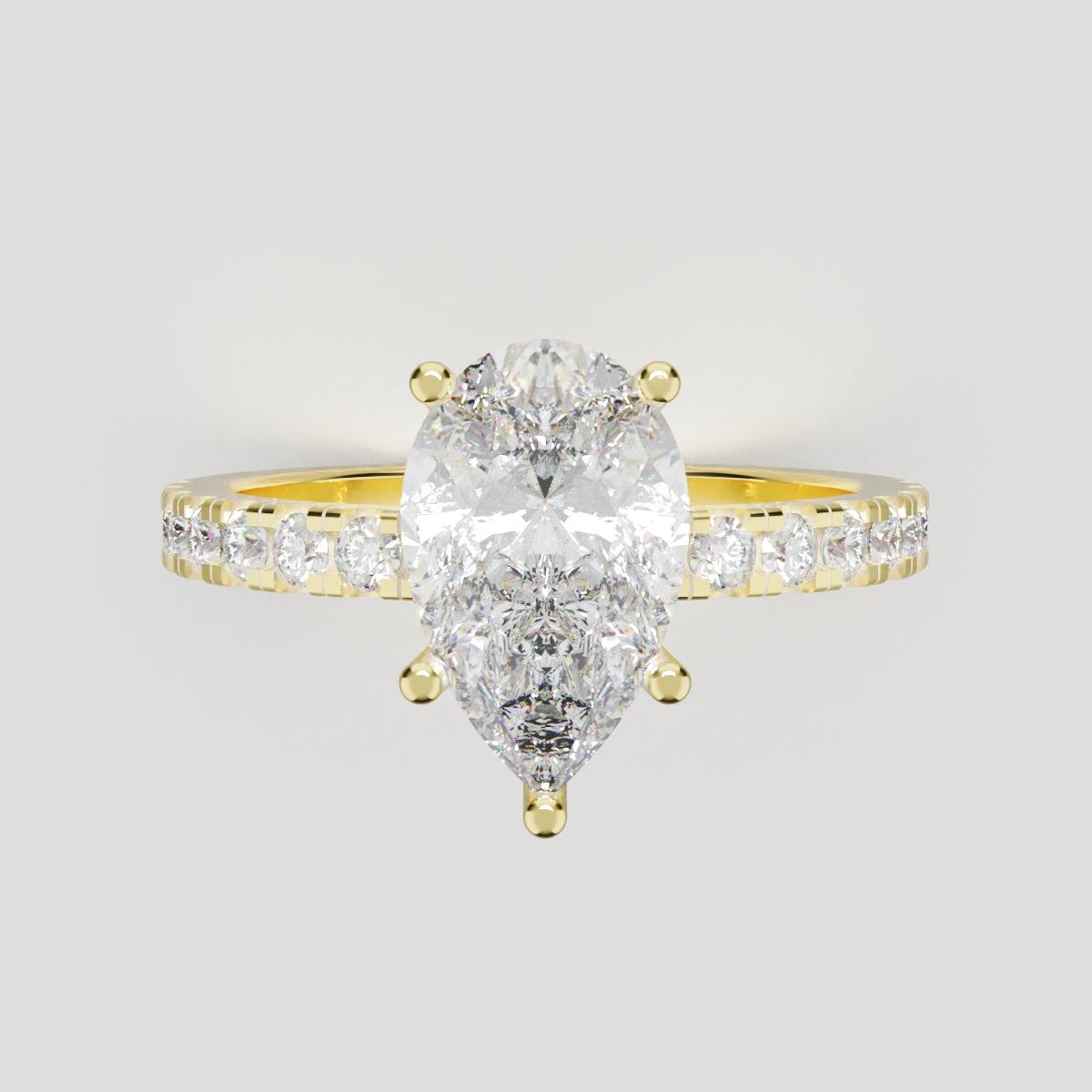 Brezza, 1.5ct pear lab grown diamond engagement ring, 1.8mm Pave, 5 Prongs, 18K yellow gold - front view