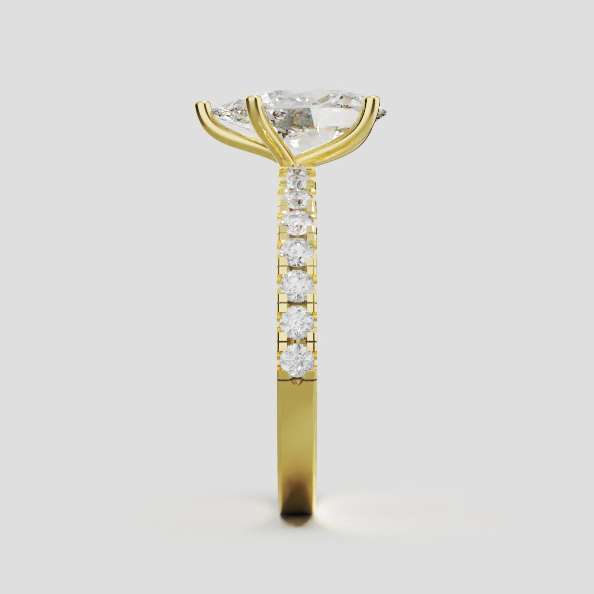 Brezza, 1.5ct pear lab grown diamond engagement ring, 1.8mm Pave, 5 Prongs, 18K yellow gold - side view