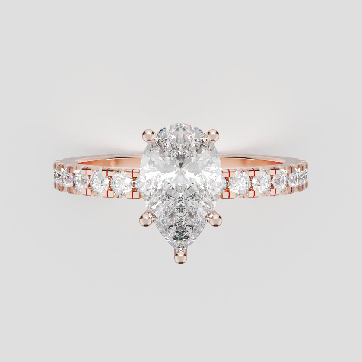 Brezza, 1ct pear lab grown diamond engagement ring, 1.8mm Pave, 5 Prongs, 18K rose gold - front view