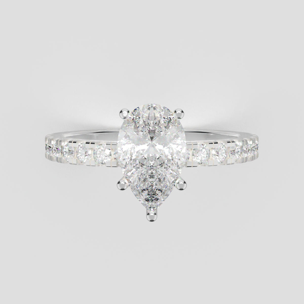 Brezza, 1ct pear lab grown diamond engagement ring, 1.8mm Pave, 5 Prongs, 18K white gold - front view