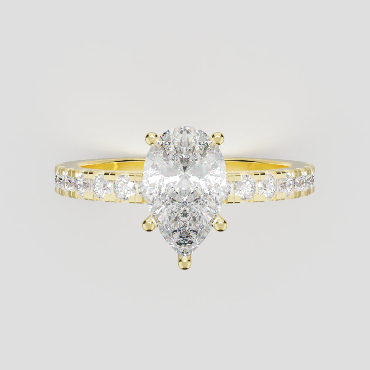 Brezza, 1ct pear lab grown diamond engagement ring, 1.8mm Pave, 5 Prongs, 18K yellow gold - front view