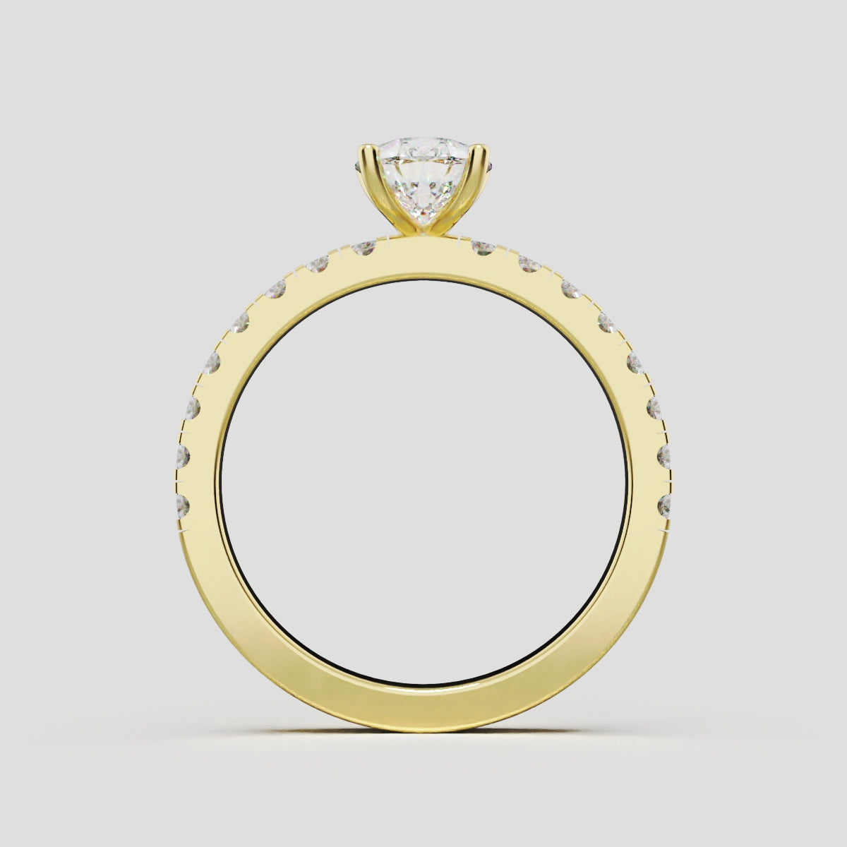 Brezza, 1ct pear lab grown diamond engagement ring, 1.8mm Pave, 5 Prongs, 18K yellow gold - through finger