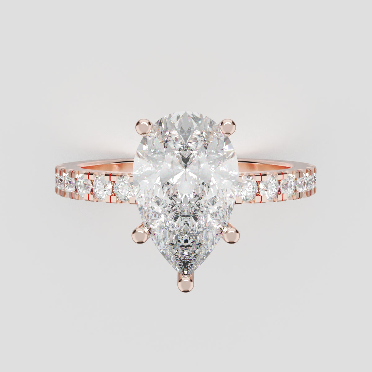 Brezza, 2ct pear lab grown diamond engagement ring, 1.8mm Pave, 5 Prongs, 18K rose gold - front view