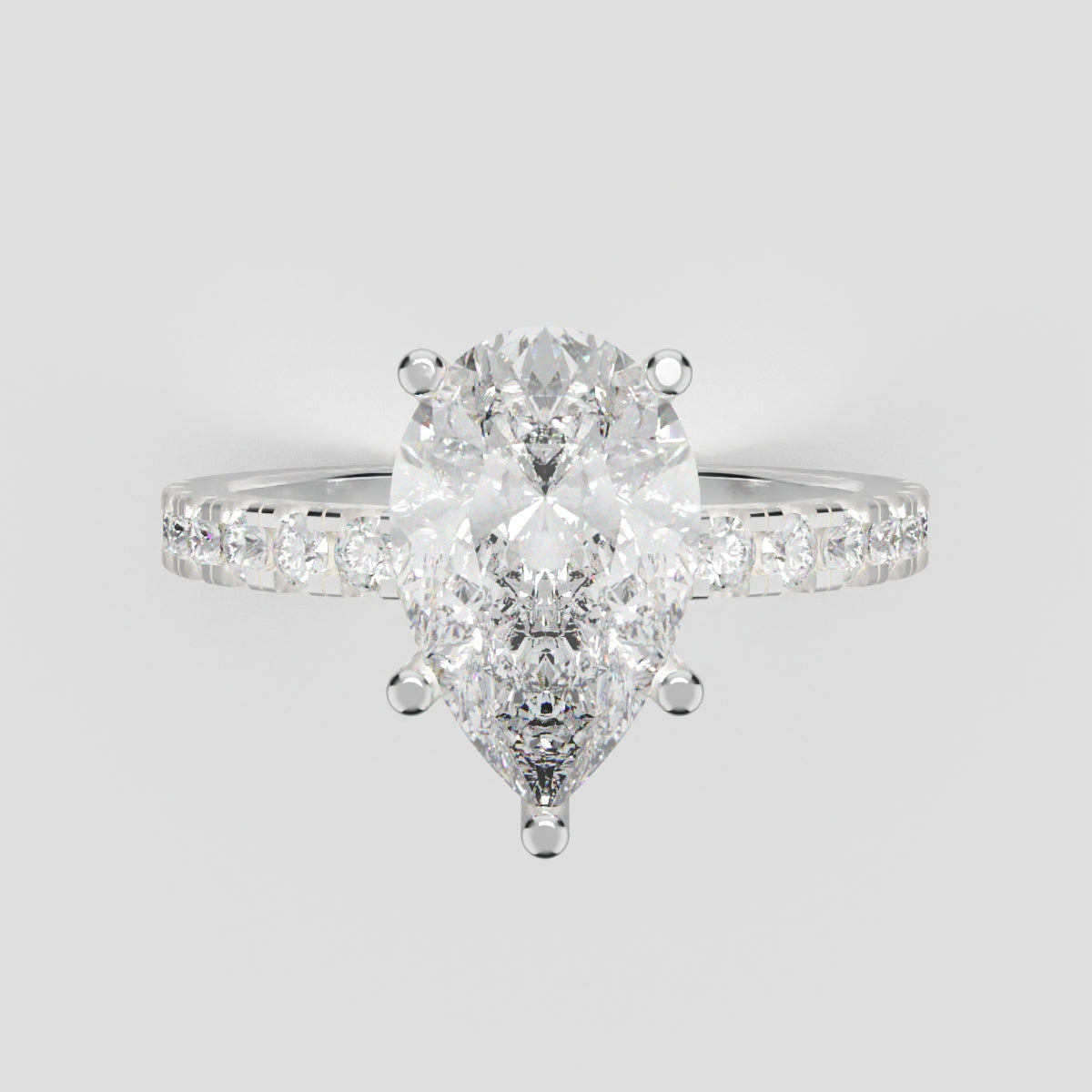 Brezza, 2ct pear lab grown diamond engagement ring, 1.8mm Pave, 5 Prongs, 18K white gold - front view