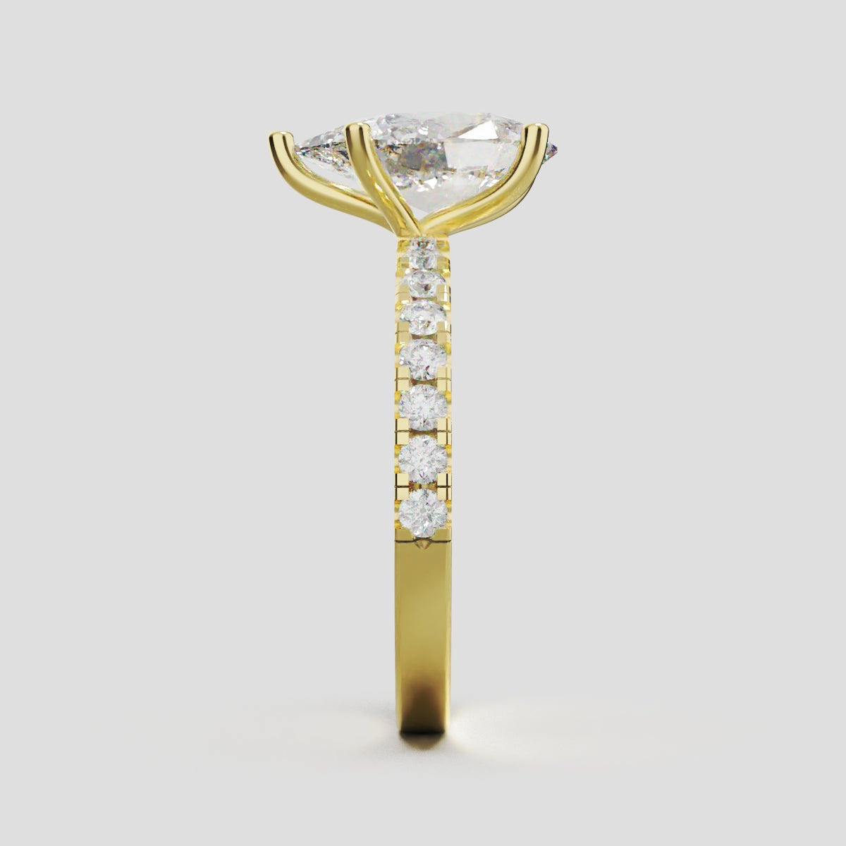 Brezza, 2ct pear lab grown diamond engagement ring, 1.8mm Pave, 5 Prongs, 18K yellow gold - side view