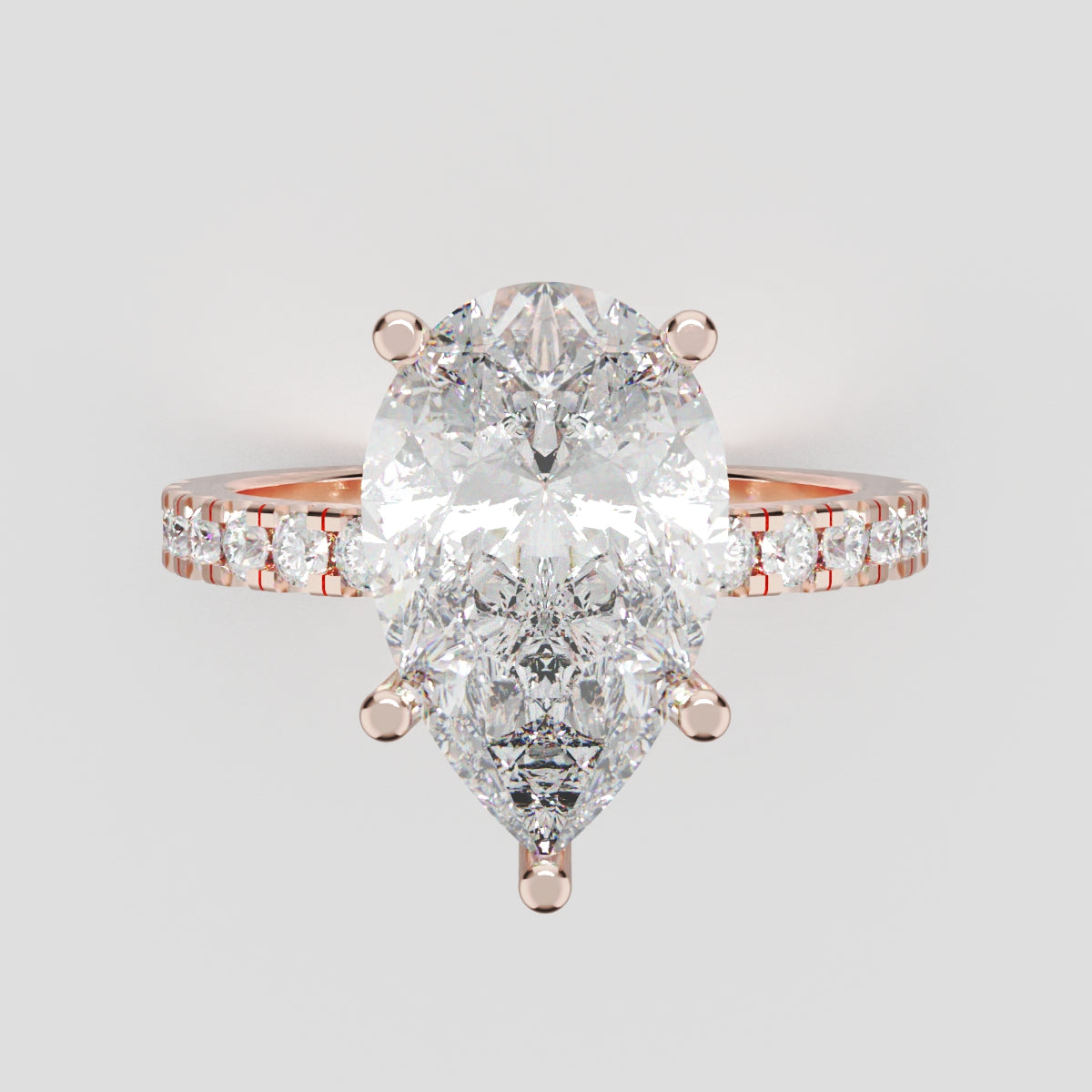 Brezza, 3ct pear lab grown diamond engagement ring, 1.8mm Pave, 5 Prongs, 18K rose gold - front view