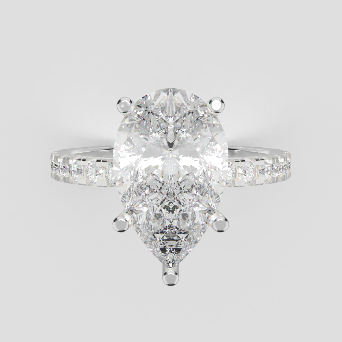 Brezza, 3ct pear lab grown diamond engagement ring, 1.8mm Pave, 5 Prongs, 18K white gold - front view