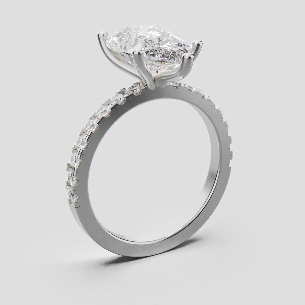 Brezza, 3ct pear lab grown diamond engagement ring, 1.8mm Pave, 5 Prongs, 18K white gold - ne