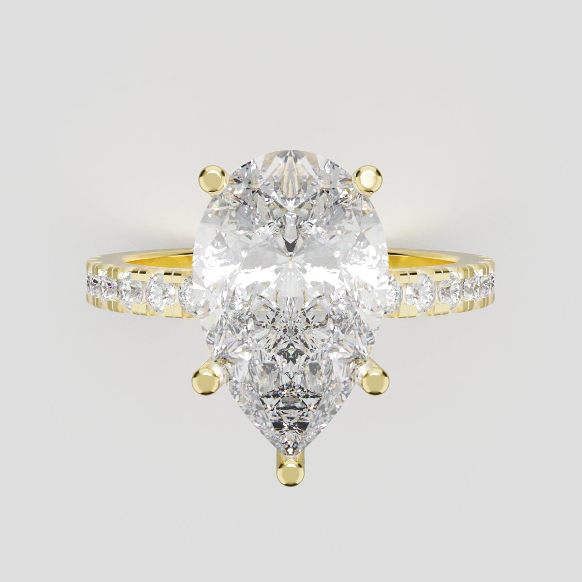 Brezza, 3ct pear lab grown diamond engagement ring, 1.8mm Pave, 5 Prongs, 18K yellow gold - front view