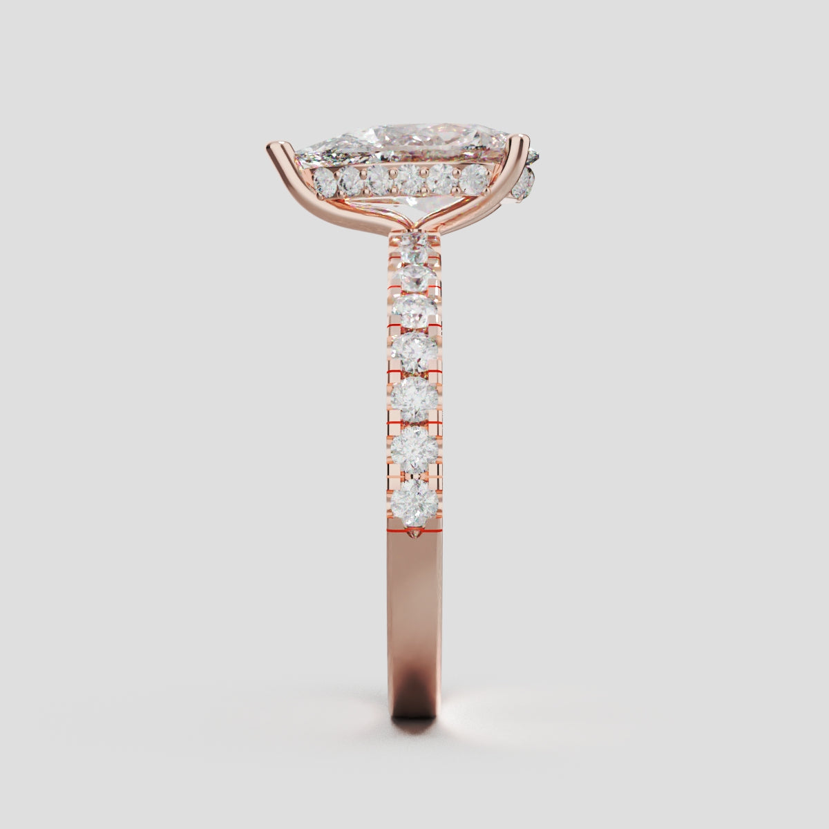 Sussurro, 1.5ct pear lab grown diamond engagement ring, 1.8mm Pave, Hidden Halo, 18K rose gold - side view