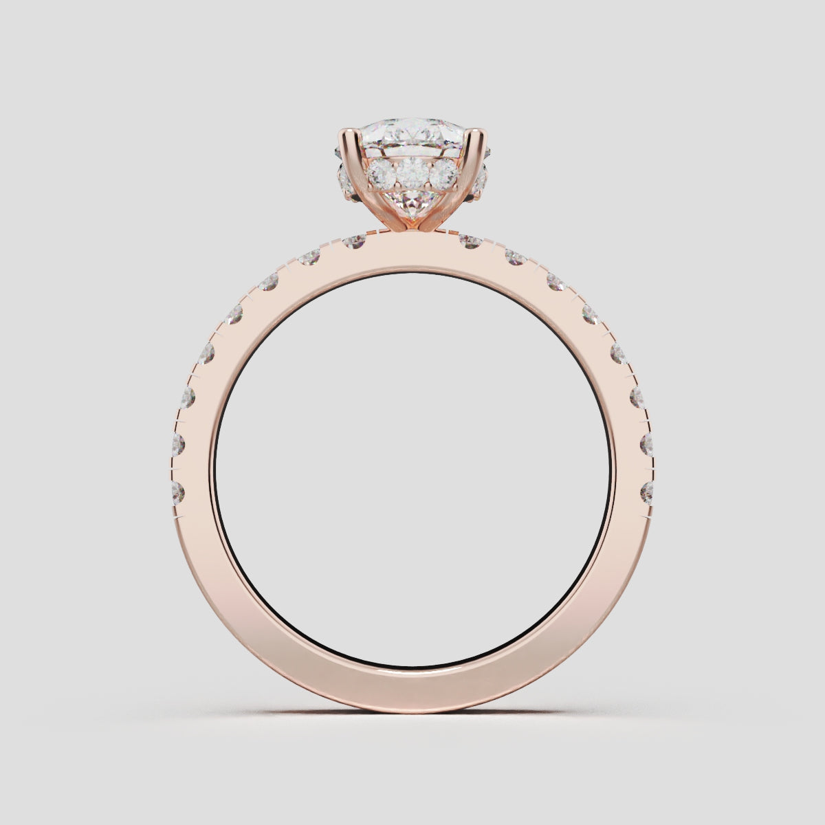 Sussurro, 1.5ct pear lab grown diamond engagement ring, 1.8mm Pave, Hidden Halo, 18K rose gold - through finger
