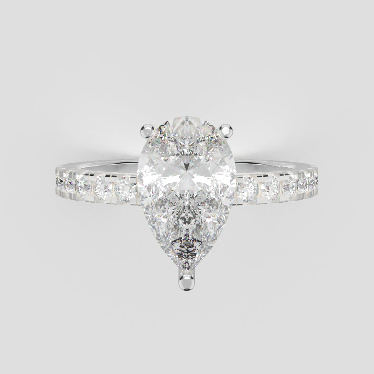 Sussurro, 1.5ct pear lab grown diamond engagement ring, 1.8mm Pave, Hidden Halo, 18K white gold - front view