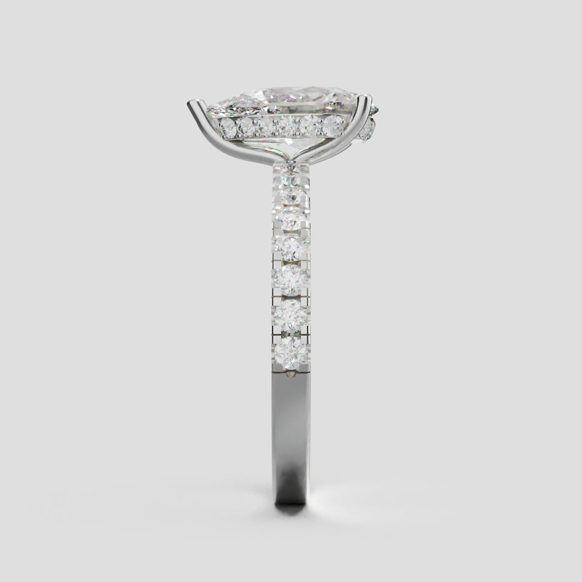 Sussurro, 1.5ct pear lab grown diamond engagement ring, 1.8mm Pave, Hidden Halo, 18K white gold - side view