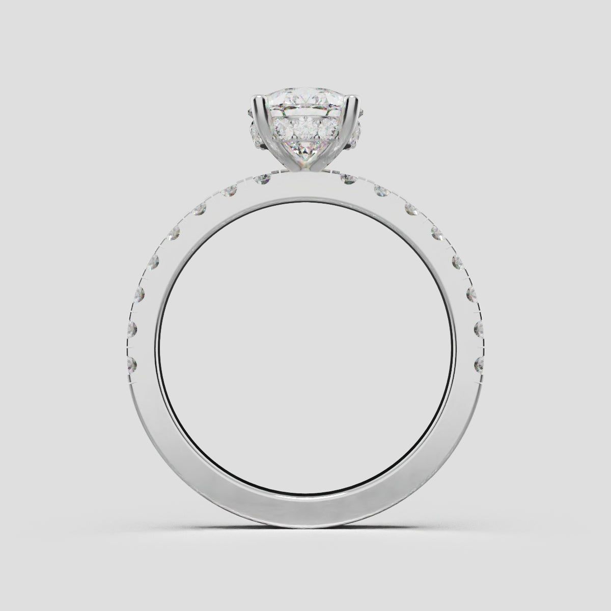 Sussurro, 1.5ct pear lab grown diamond engagement ring, 1.8mm Pave, Hidden Halo, 18K white gold - through finger