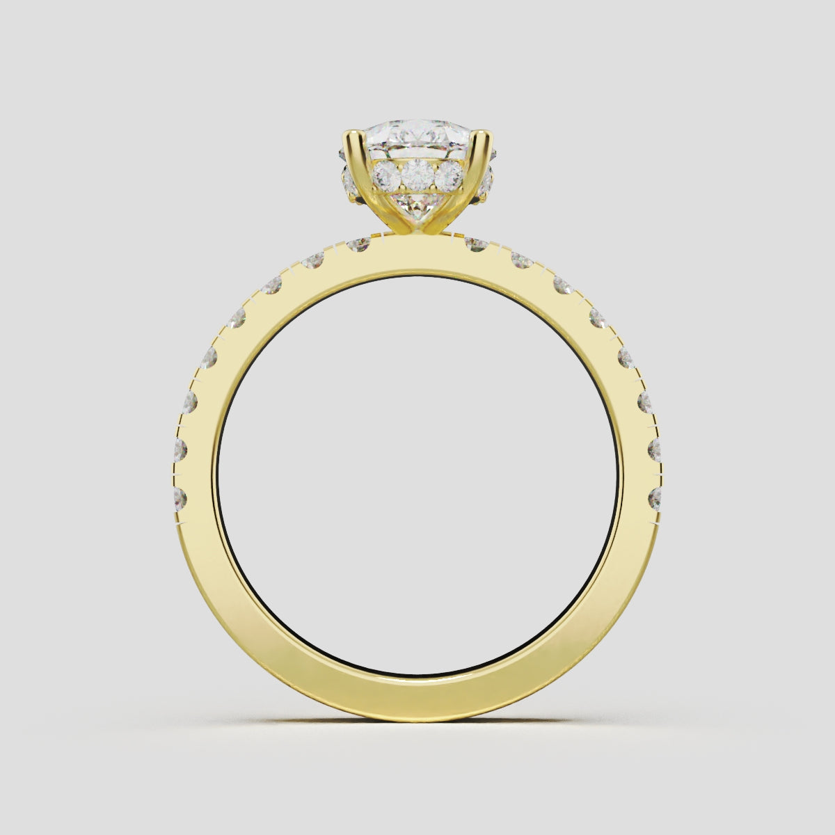 Sussurro, 1.5ct pear lab grown diamond engagement ring, 1.8mm Pave, Hidden Halo, 18K yellow gold - through finger
