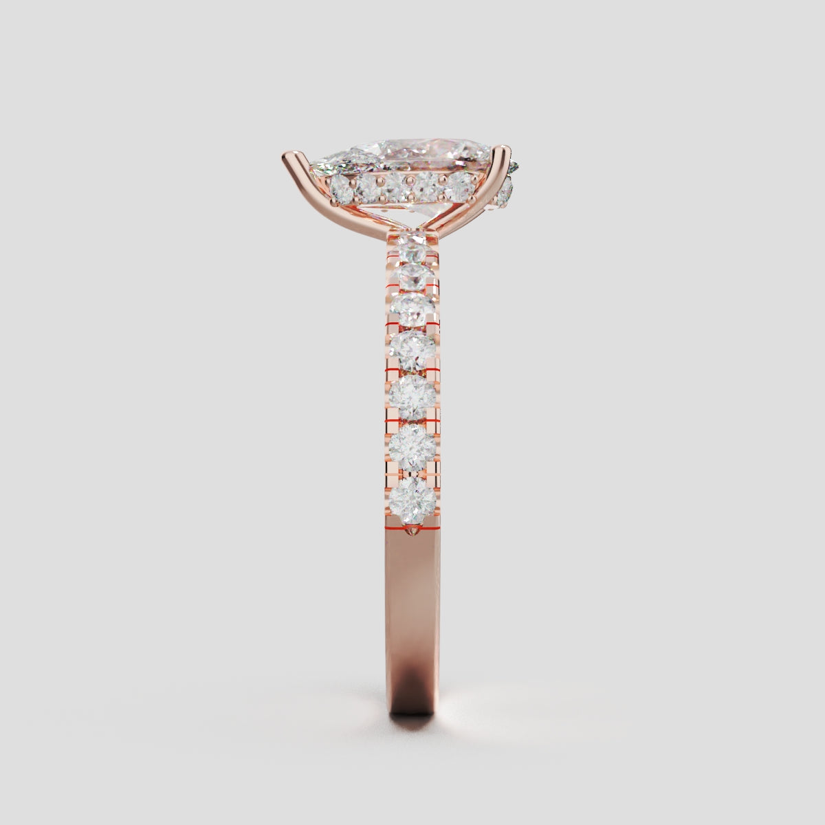 Sussurro, 1ct pear lab grown diamond engagement ring, 1.8mm Pave, Hidden Halo, 18K rose gold - side view