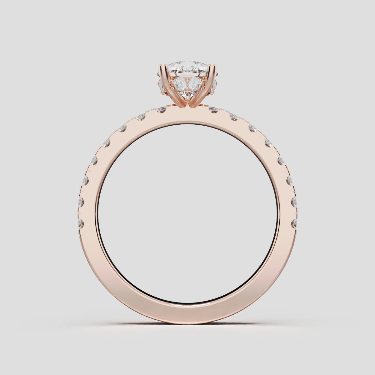 Sussurro, 1ct pear lab grown diamond engagement ring, 1.8mm Pave, Hidden Halo, 18K rose gold - through finger