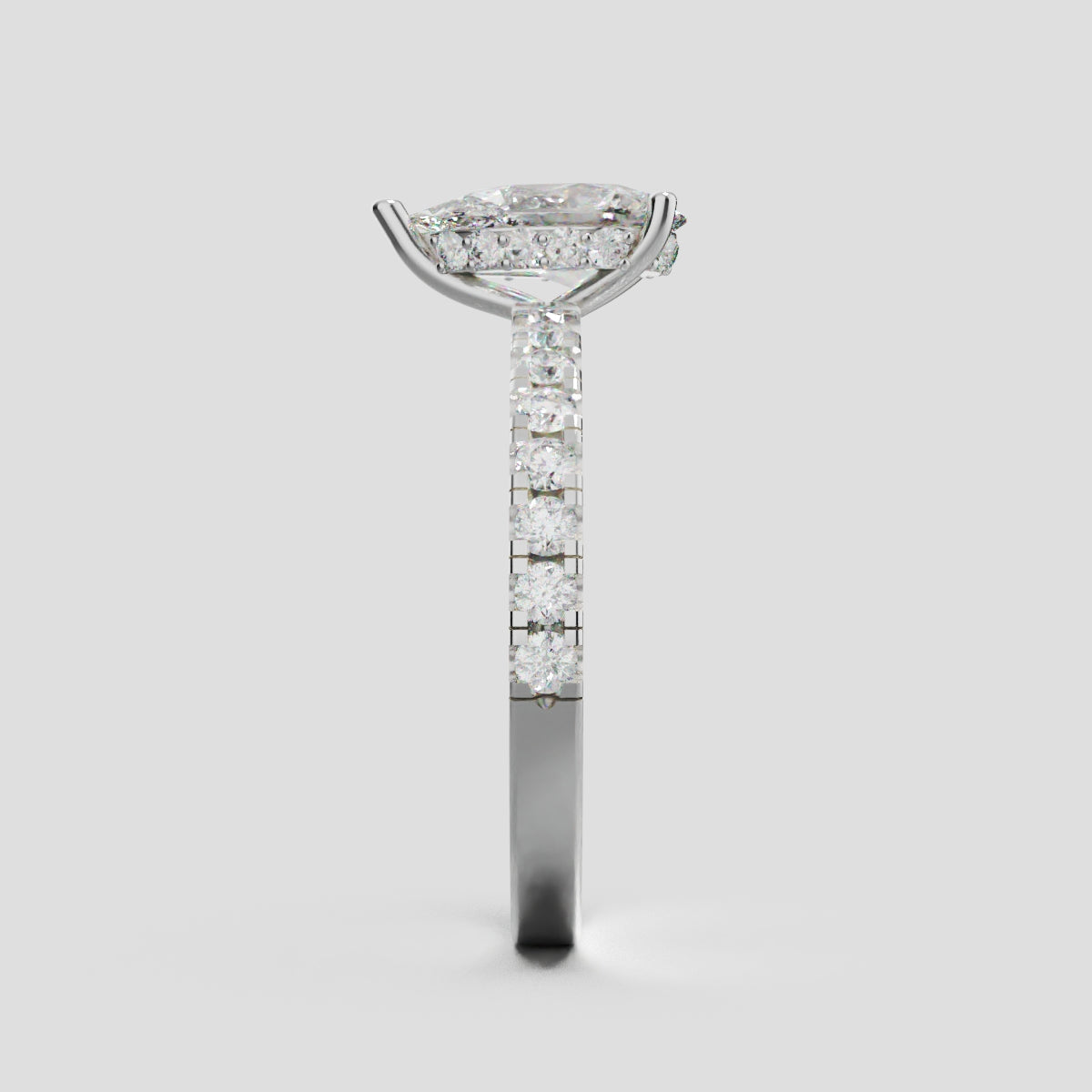 Sussurro, 1ct pear lab grown diamond engagement ring, 1.8mm Pave, Hidden Halo, 18K white gold - side view