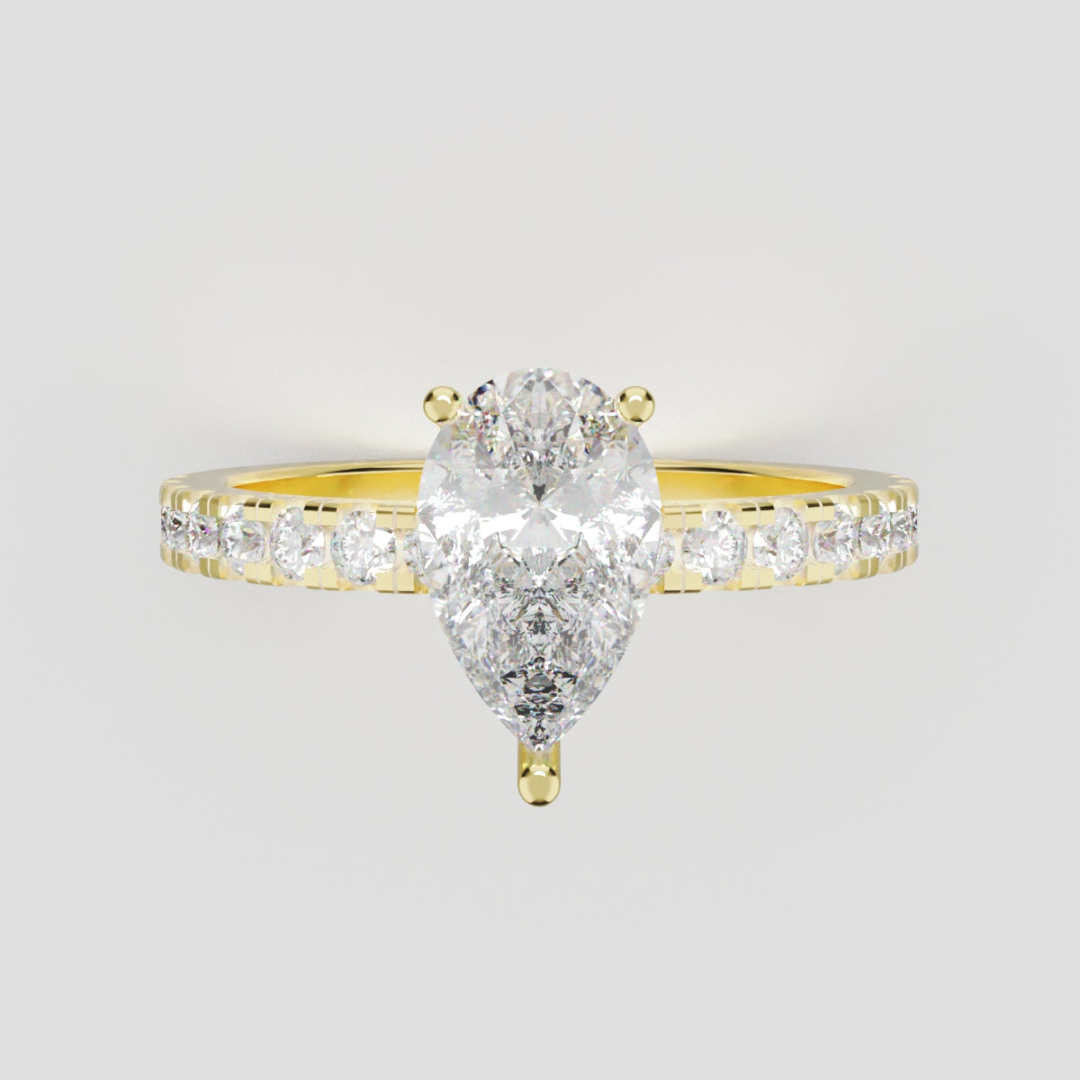 Sussurro, 1ct pear lab grown diamond engagement ring, 1.8mm Pave, Hidden Halo, 18K yellow gold - front view