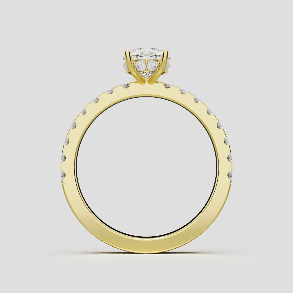 Sussurro, 1ct pear lab grown diamond engagement ring, 1.8mm Pave, Hidden Halo, 18K yellow gold - through finger