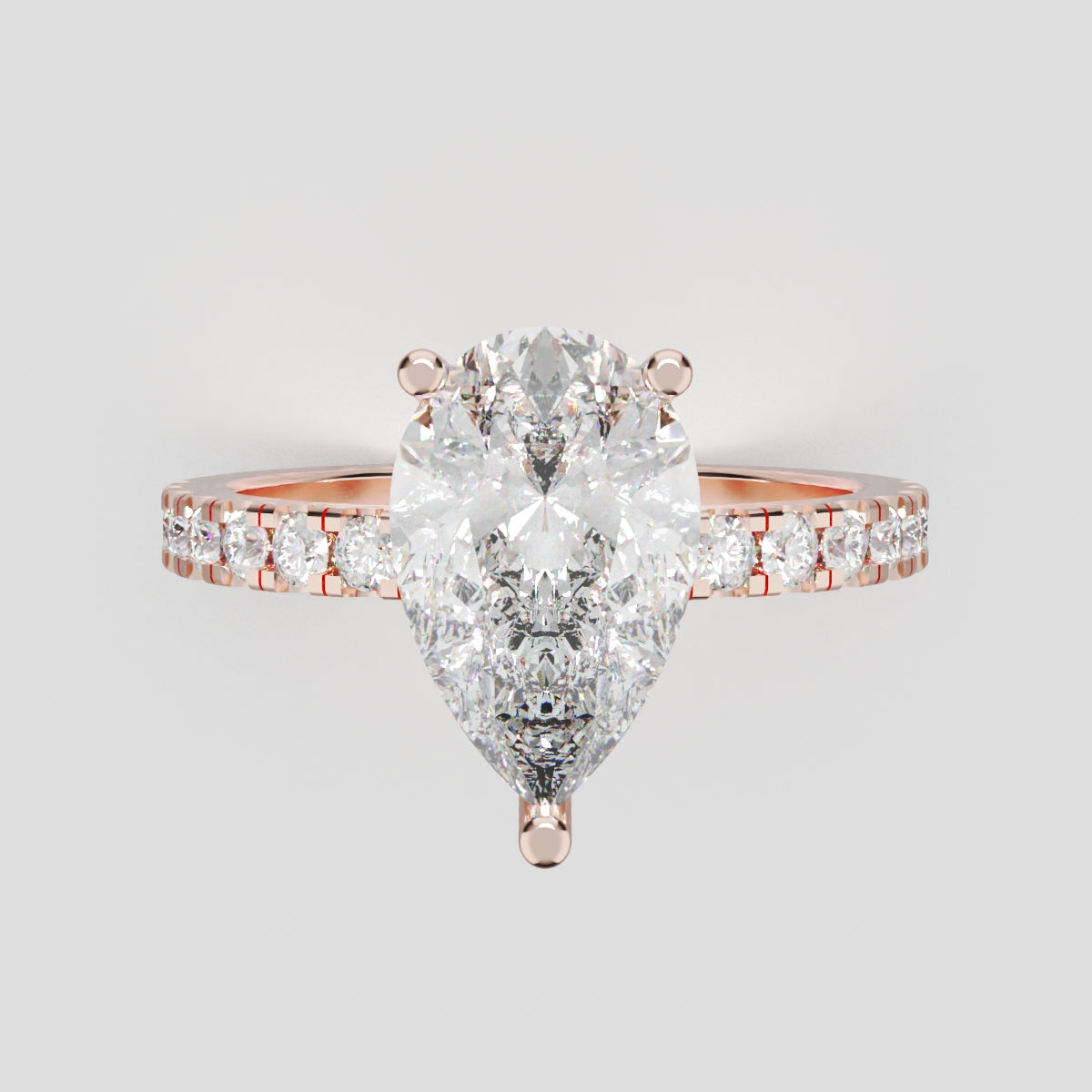 Sussurro, 2ct pear lab grown diamond engagement ring, 1.8mm Pave, Hidden Halo, 18K rose gold - front view