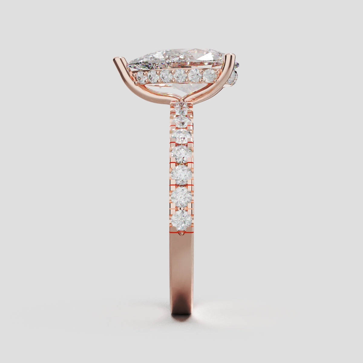 Sussurro, 2ct pear lab grown diamond engagement ring, 1.8mm Pave, Hidden Halo, 18K rose gold - side view