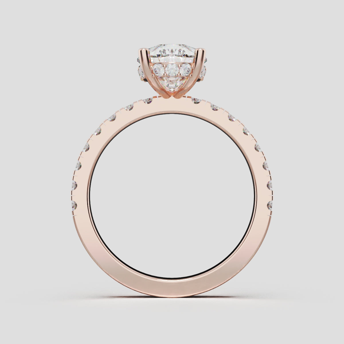 Sussurro, 2ct pear lab grown diamond engagement ring, 1.8mm Pave, Hidden Halo, 18K rose gold - through finger
