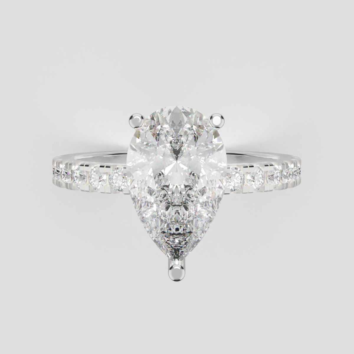 Sussurro, 2ct pear lab grown diamond engagement ring, 1.8mm Pave, Hidden Halo, 18K white gold - front view