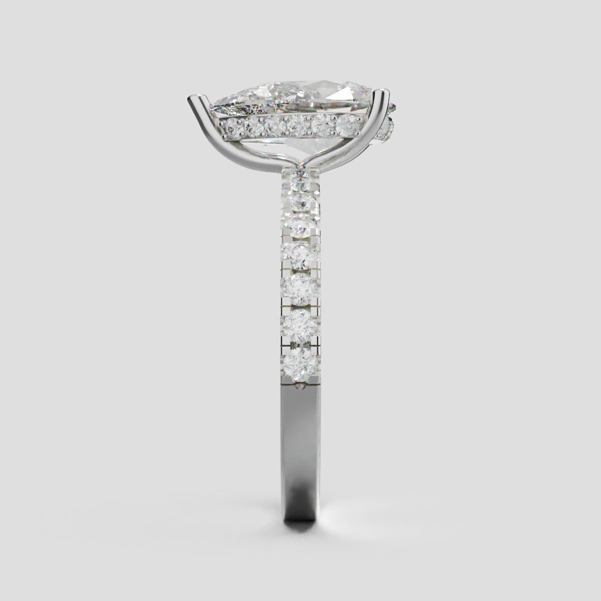 Sussurro, 2ct pear lab grown diamond engagement ring, 1.8mm Pave, Hidden Halo, 18K white gold - side view