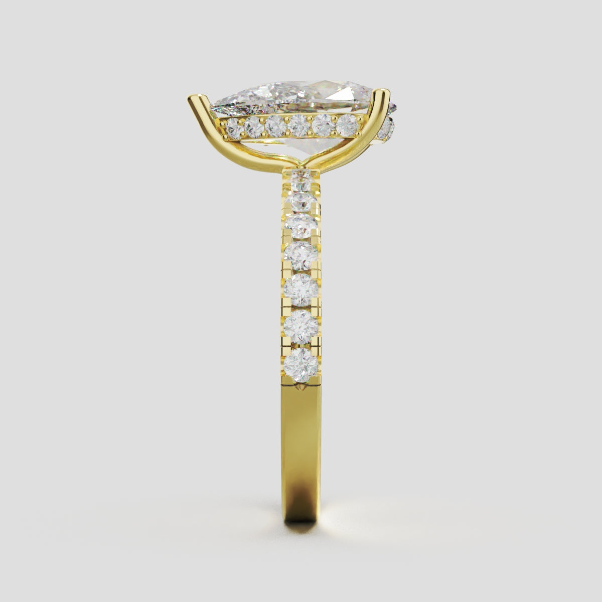 Sussurro, 2ct pear lab grown diamond engagement ring, 1.8mm Pave, Hidden Halo, 18K yellow gold - side view
