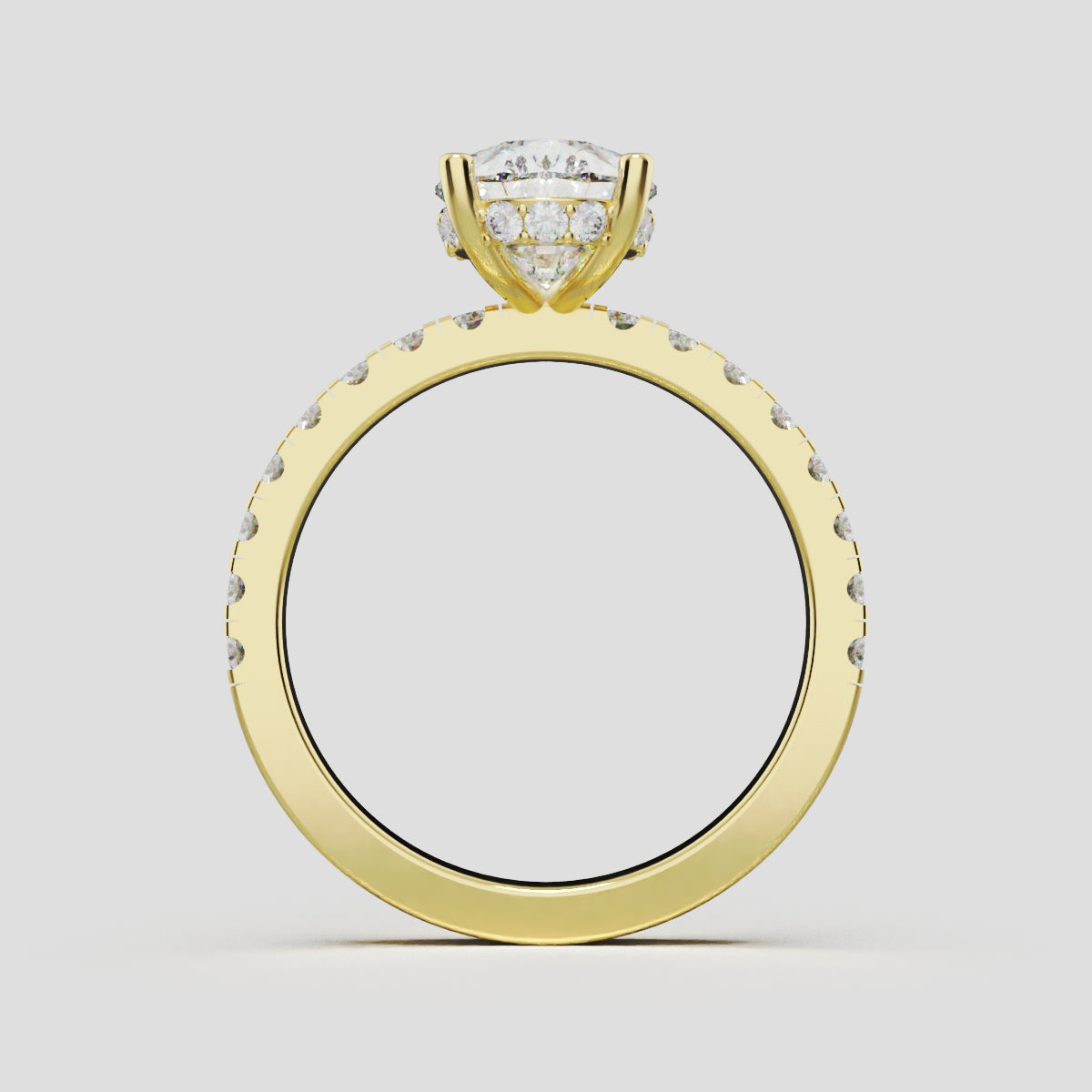 Sussurro, 2ct pear lab grown diamond engagement ring, 1.8mm Pave, Hidden Halo, 18K yellow gold - through finger