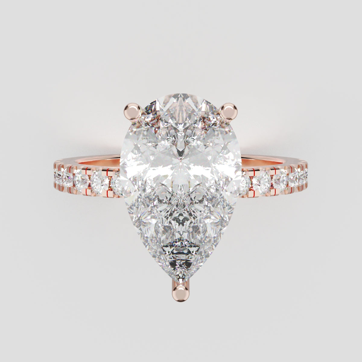 Sussurro, 3ct pear lab grown diamond engagement ring, 1.8mm Pave, Hidden Halo, 18K rose gold - front view